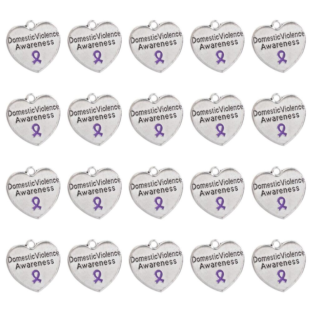 6334 Purple Ribbon Silvery Heart Shaped Pendants, 20Pcs Pancreatic Cancer